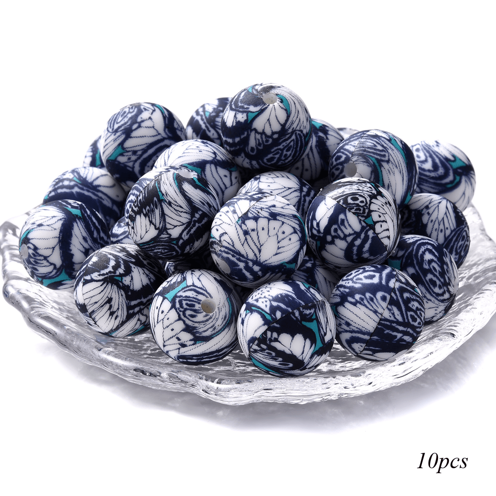 TEMU Lot de 10 perles rondes en silicone de 15 mm de style national, perles imprimées roses et bleues, pour la fabrication de bijoux, porte-clés,