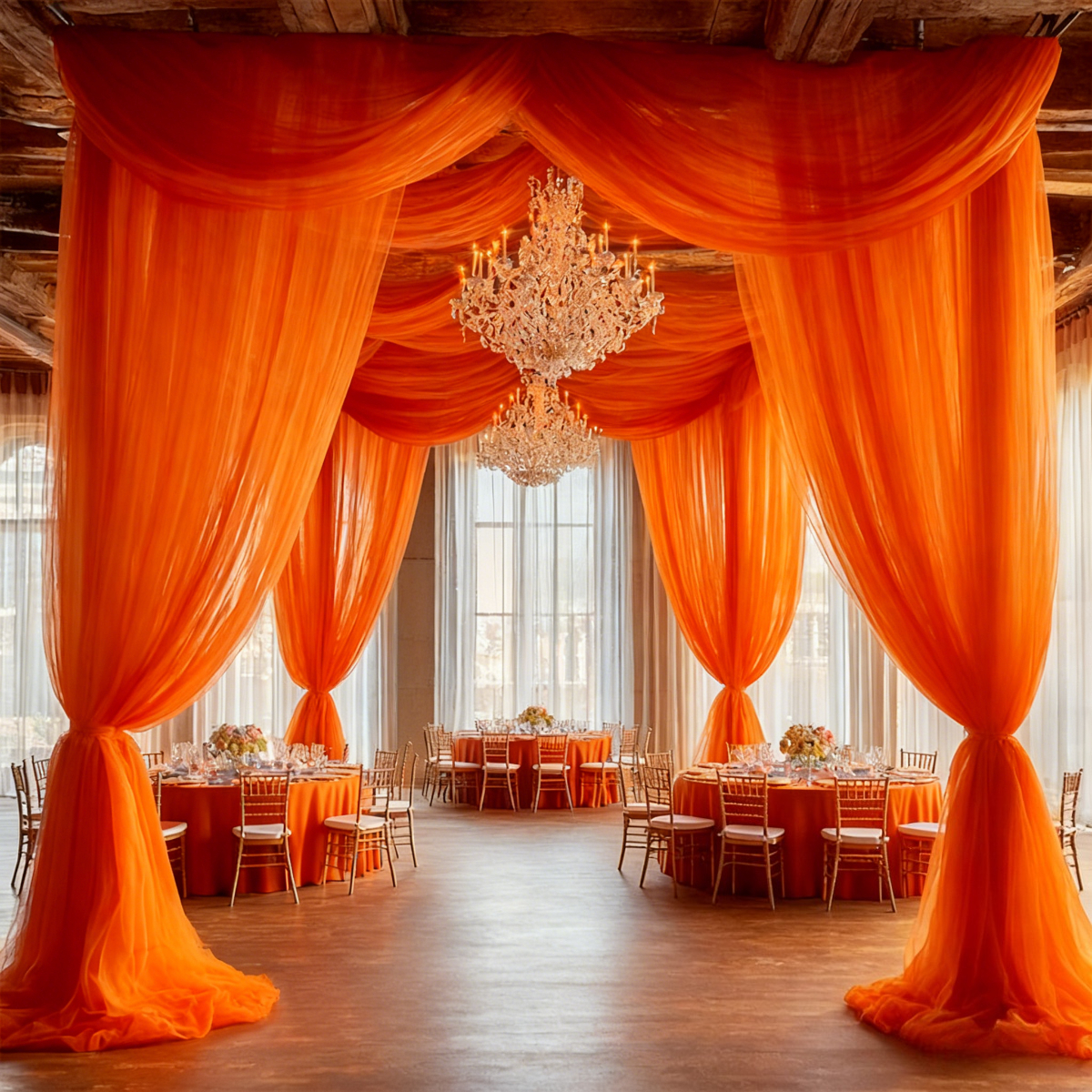 TEMU 4pcs 5.6m Warm Orange Solid Color Sheer Tulle Fabric Decor, 100% Polyester Fiber, Wedding Arches, Birthday Parties, Christmas, Halloween, Bridal