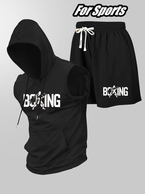 mens boxing sport set hooded vest and shorts 2pcs set summer breathable fitness training running casual loose fit trendy sportswear