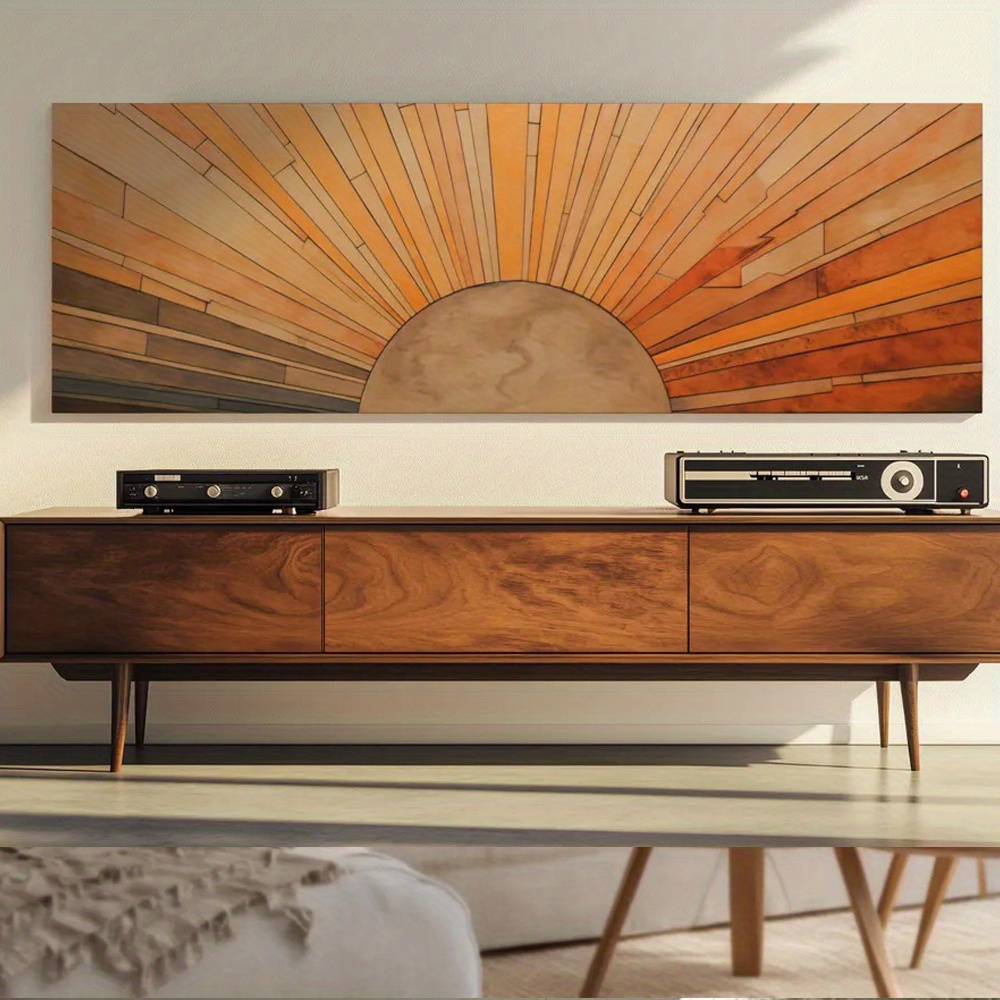 TEMU 2d Flat, 1pc Of Frameless Minimalist Bohemian Sunrise Canvas Art Print - Abstract Horizontal Sun Mural In Warm Orange, Yellow, And Brown Tones,