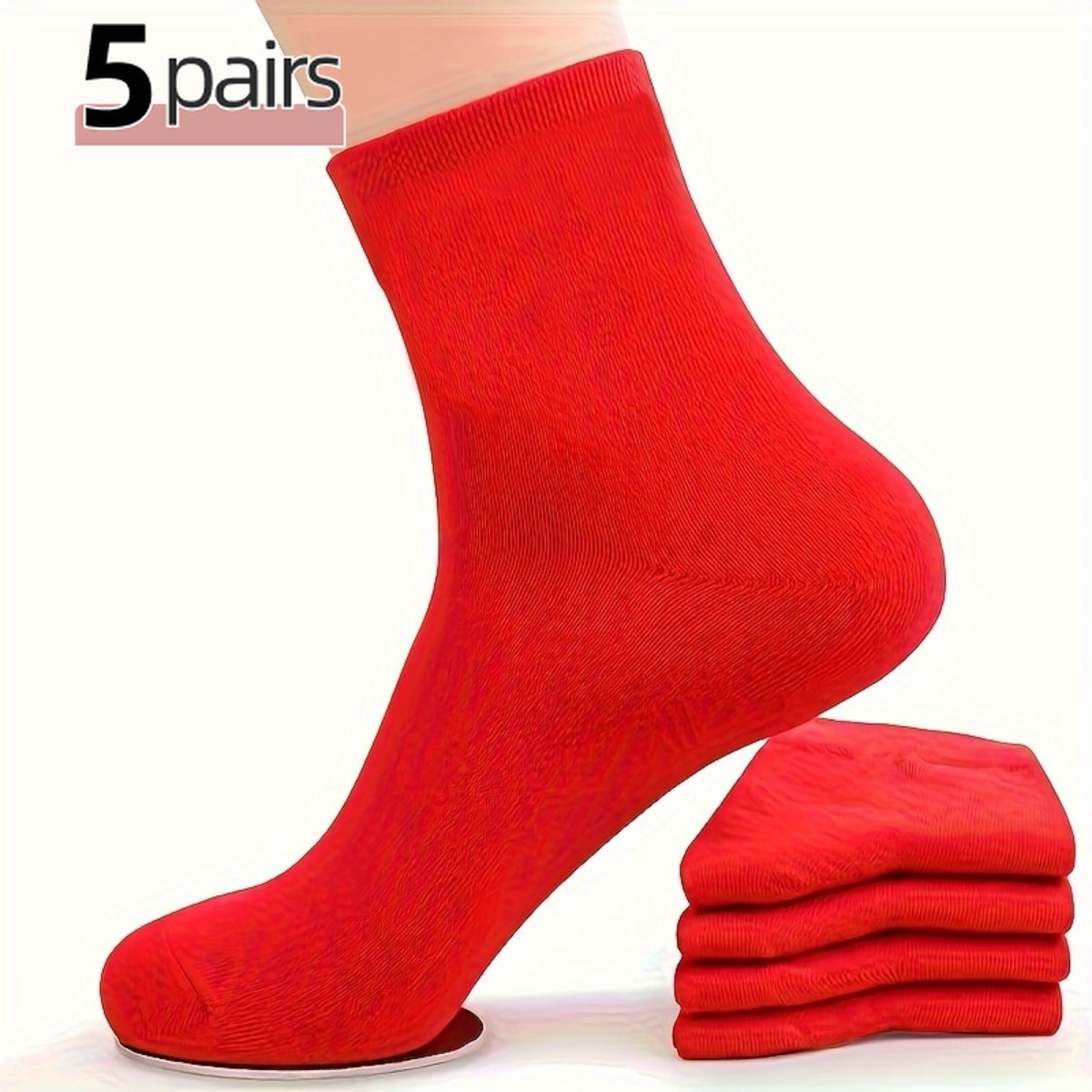 TEMU 5 Pairs Women's Fashion Ankle Socks - Soft Breathable Red Solid Color, Comfortable , Machine Washable, Ideal Gift For Women, Novelty Socks,