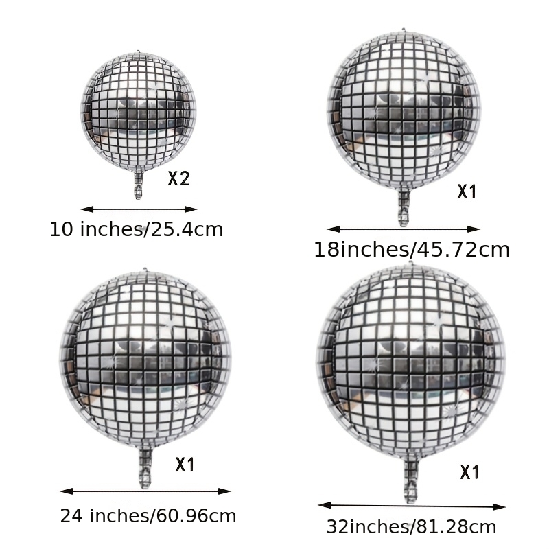 TEMU Juego de globos de discoteca plateados: globos de lámina plateada de 12 pulgadas + 18 pulgadas + 24 pulgadas + 32 pulgadas - Globos reflectantes