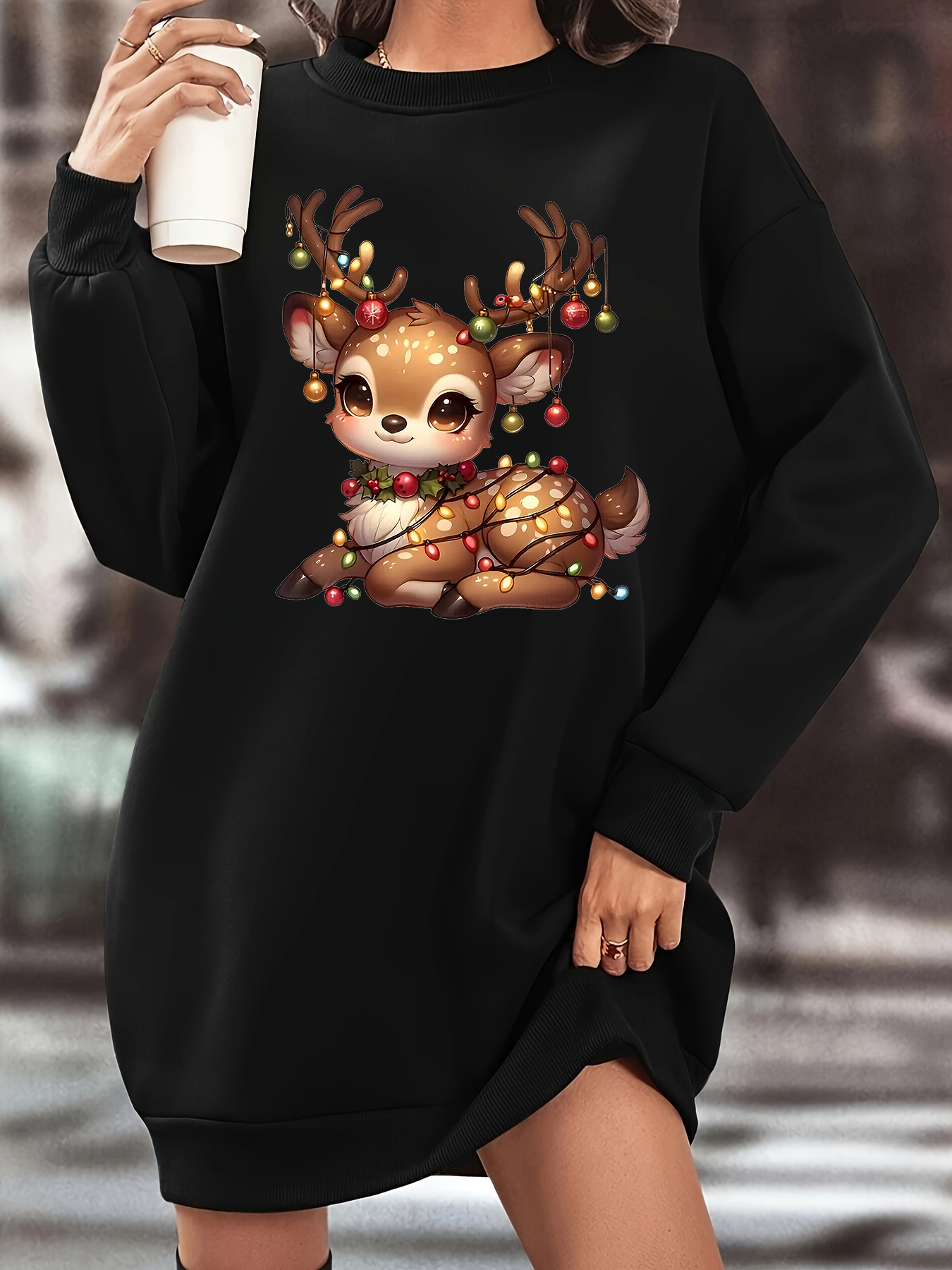 holiday-themed autumn/winter christmas bulb letter print dress with round  neck, long sleeves, knee-length, women's lined sweatshirt dress,  comfortable and elegant women's clothing - women's clothing - Temu Ireland