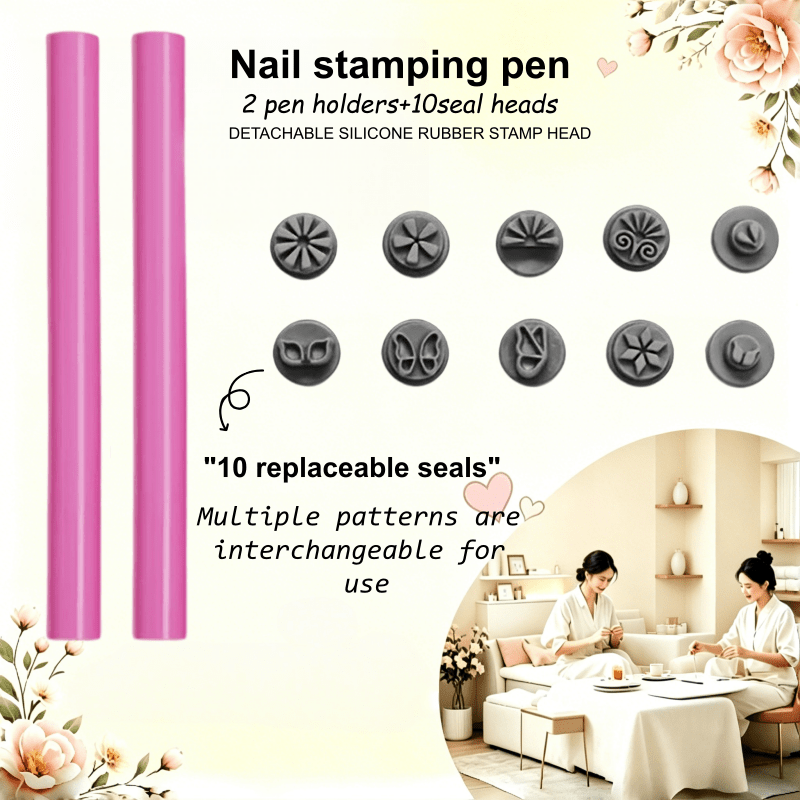 TEMU 12pcs Nail Stamper Pen Set, Home Nail Salon And Foot Care Universal Replaceable Silicone Tips Floral Heart Templates Nail Painting Suitable For