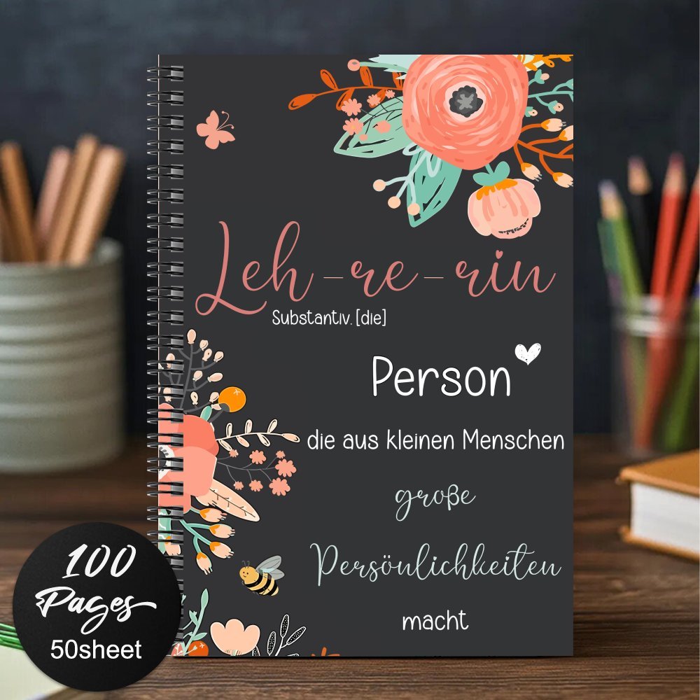 Image of 1pc Floral Pattern German Teacher Gratitude Black Spiral Notebook, Thank For Educators, Great For Farewell, Graduation, Or Birthday, Daily Lists, Daily Organizer, Guestbook
