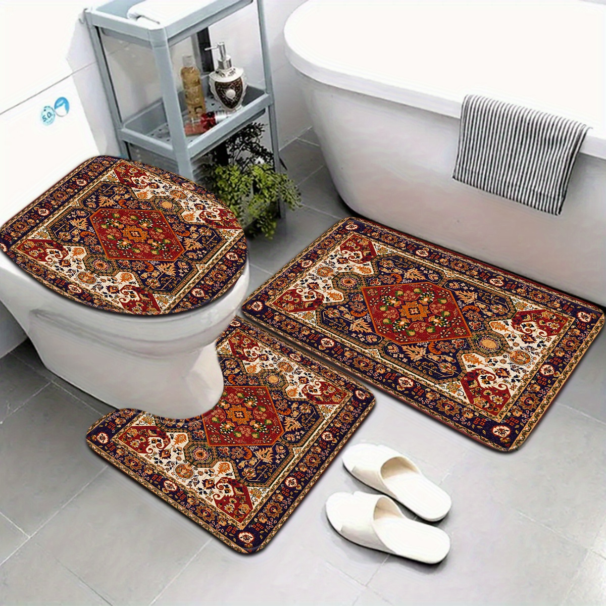 E-shop 3-teiliges Vintage Badezimmermatte Set im ethnischen Stil mit rotem Muster, WC-Deckel und U-förmigem Fußpolster