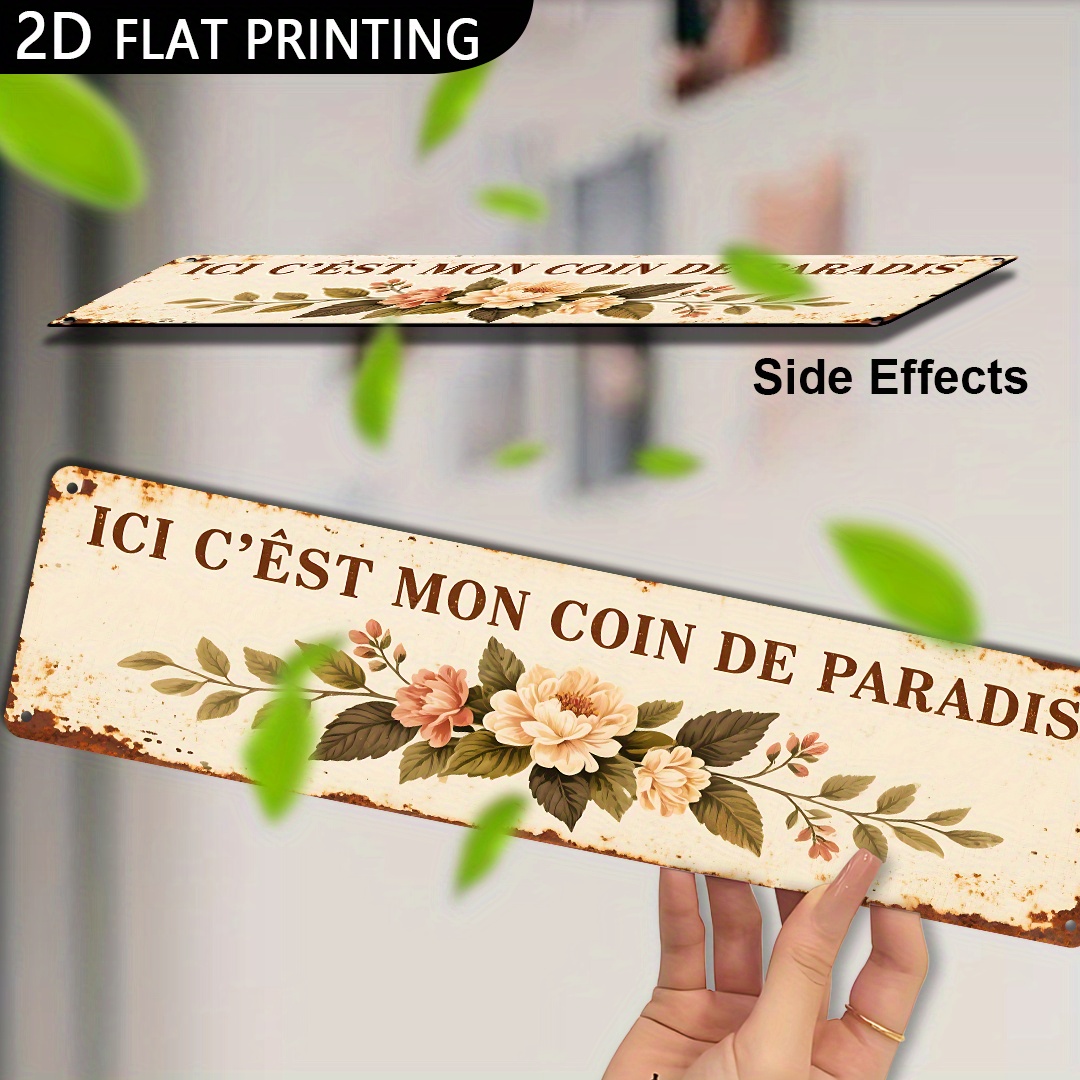 TEMU Plaque Métallique Décorative Plate 2D, - Ornement de Style Française avec "ICI EST MON PIED-À-", Bordure Florale Rétro en Beige et Marron -