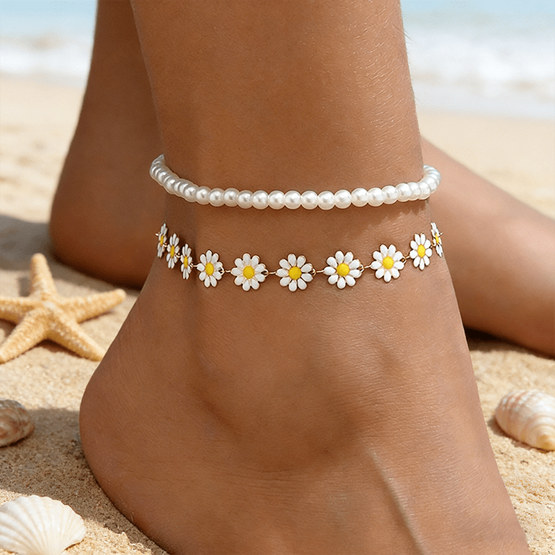 2pc Women's Daisy Chain Stackable Anklet Set