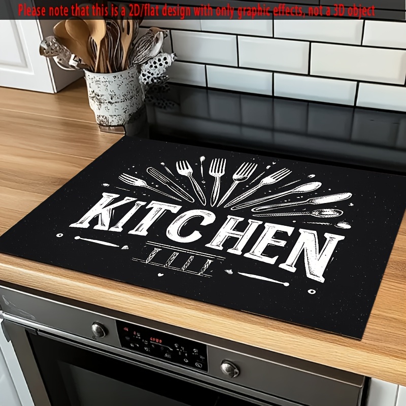 TEMU 1pc Non-slip Heat-resistant Stove Cover Protector | Black And White Kitchen Utensil Design (knives/fork/spoon) - Scratchproof Cooktop Mat For ,