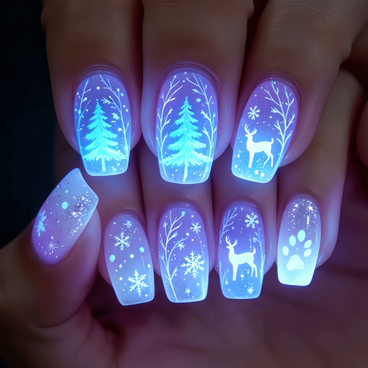 TEMU 24 Stück Blau Lila Farbverlauf Weihnachts-Falsche Nägel, Rentier Feiertags-Party Nagelkunst, Wiederverwendbare Mittellange Quadratische