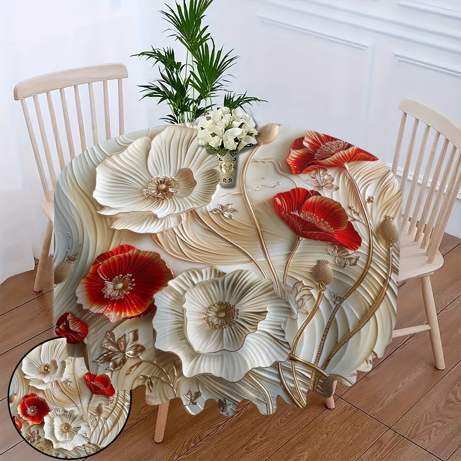 

Elegant Round Tablecloth With White & Red - Home Gatherings, Living Room Decor, And Dust Protection
