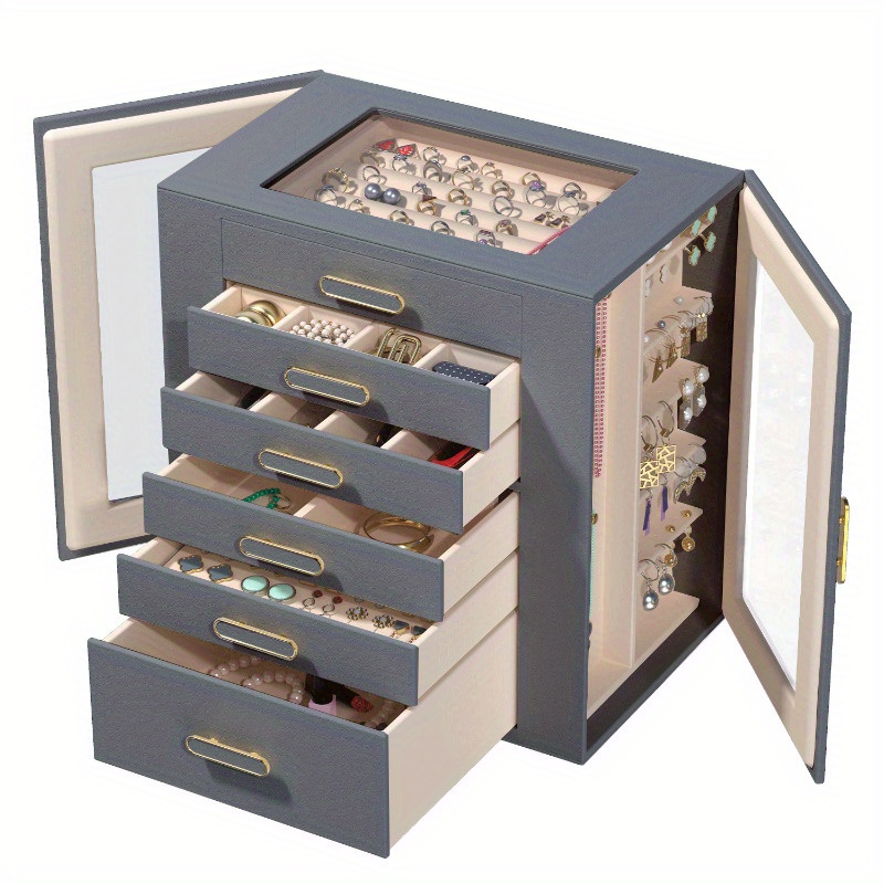 boho chic 6 tier multifunctional   leather jewelry box with clear drawers open shelves large capacity organizer for earrings necklaces bracelets watches elegant gift for women girls christmas valentines day birthdays graduation Product details 7
