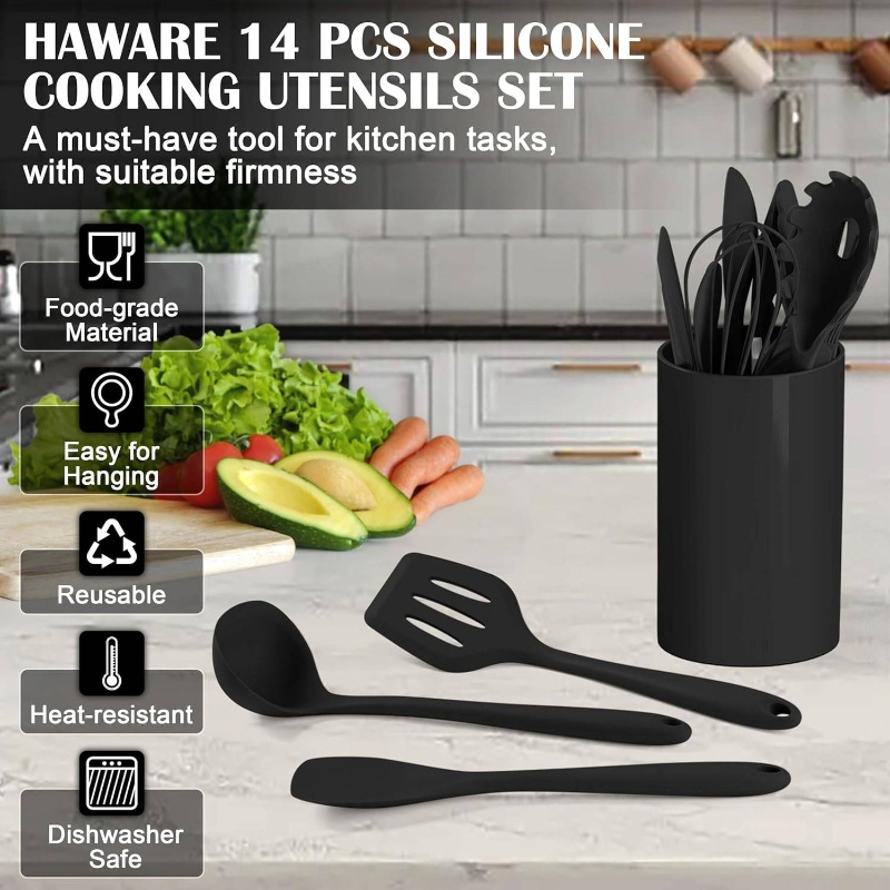 14pcs silicone cooking tools set, heat-resistant kitchen utensils for   cookware,   spoons, spatulas, and a whisk, safe for dishwasher use, in black, cooking utensils set, kitchen accessories, kitchen utensil set, kitchen utensils set, spatula set, spoon set, utensil set, utensils set, cooking utensil set, kitchen tools, cooking accessories, utensils holder, cooking supplies, kitchen essentials Product details 2