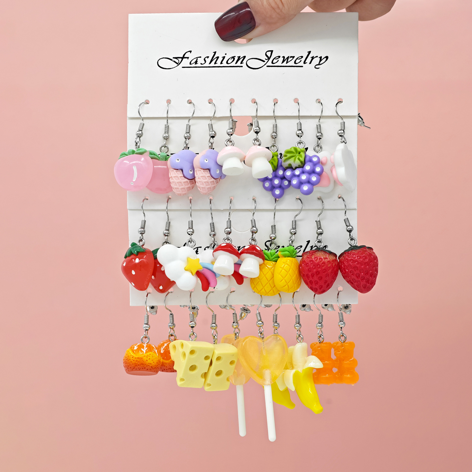 

30pcs Resin Fruit Earrings Set - Cute Cartoon Peach, , , Banana, Cheese Dangle Earrings For Women, -,