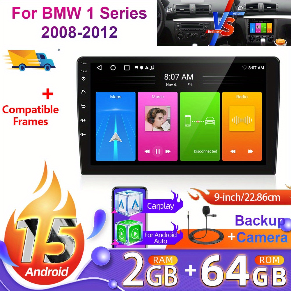 2+64g 9 Inch 15 Car Radio For 1 Series 2008-2012 (frame Included) With Rear View Camera, Hd Touchscreen Radio With Auto Wifi Gps Eq Swc Fm + Canbus, Without Battery