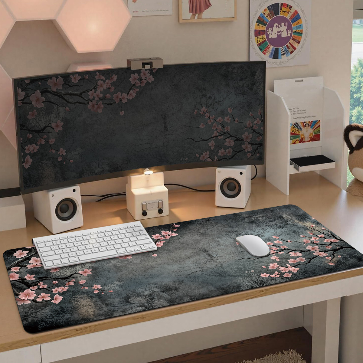 TEMU 1pc Tapis de Souris Gaming Extensible et Tapis de de Bureau PC | Motif Mur de Rétro et Fleurs de Prunier, Base Antidérapante Durable, Fibre de