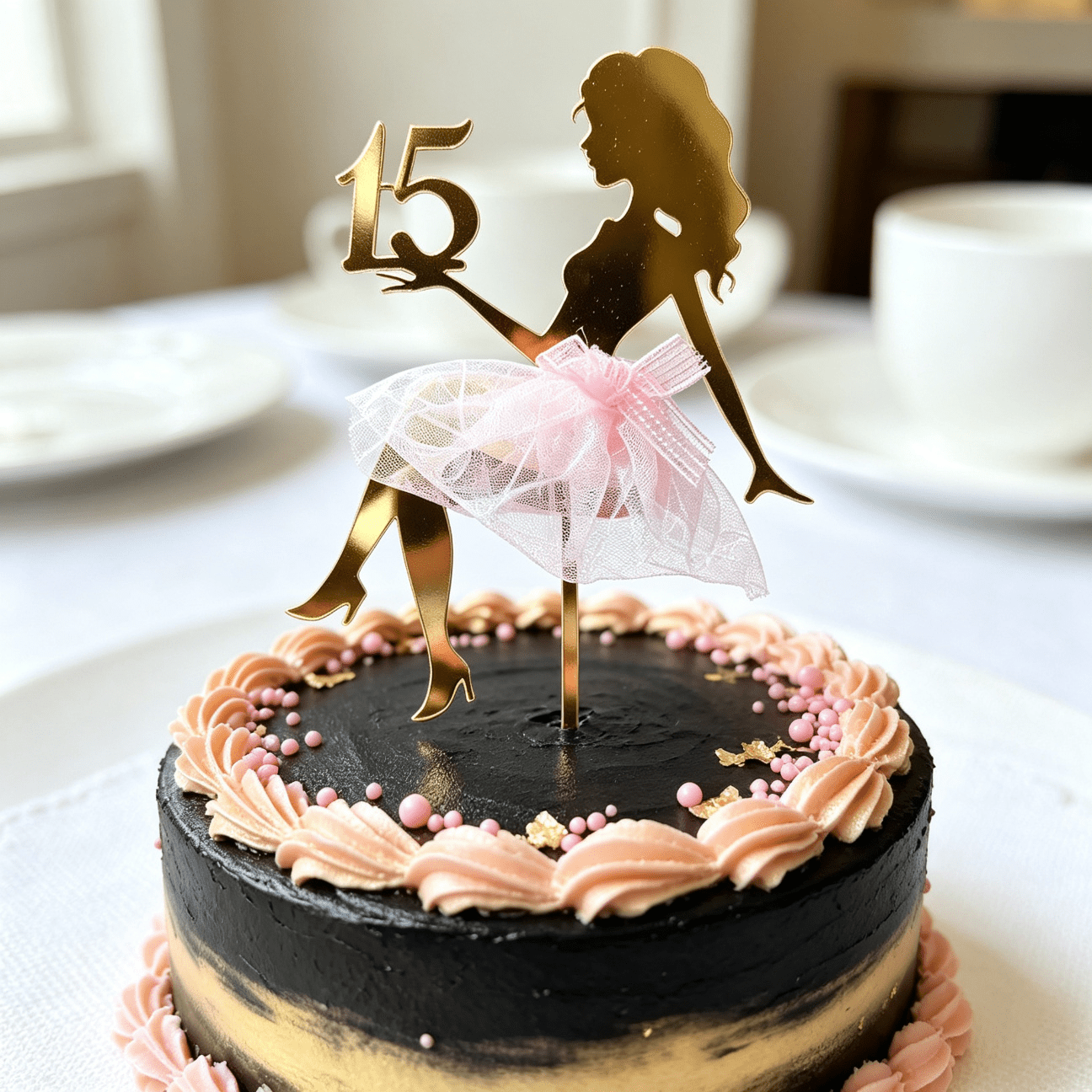 TEMU 1pc Golden Acrylic 15th Birthday Cake Topper With Teen Girl And Number 15 In Pink Dress, Girl Silhouette Quinceanera Cake Decor, Party Supplies,