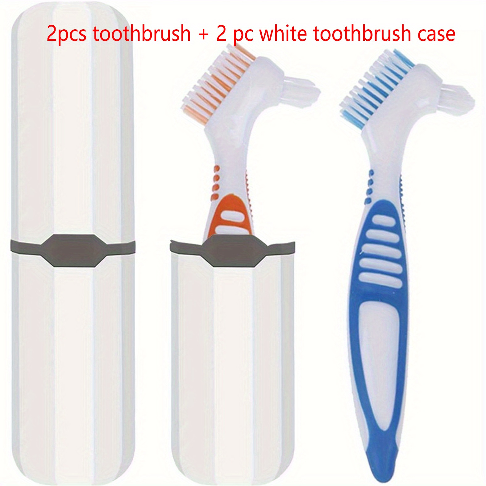 Set Of 4 Dentcare Toothbrushes - Ergonomically Designed Double-sided Microfiber Bristle Brushes For Cleaning Dentures, Featuring A Rubber Handle And A Portable Case, Along With A Rinse Cup