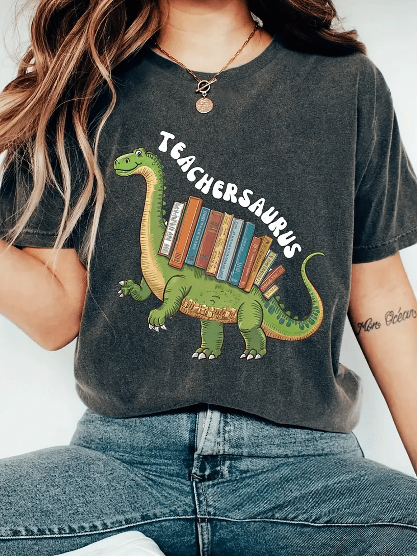 womens teachersaurus graphic t shirt fun dinosaur books design casual short sleeve crew neck tee for teachers and book lovers