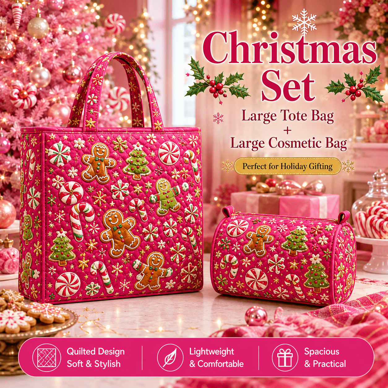 TEMU 2pcs Large Quilted Tote Bag + Large Cosmetic Bag, Pink Gingerbread For Man Candy Snowflake Christmas Print, Women's Handbag Shoulder Bag Pencil
