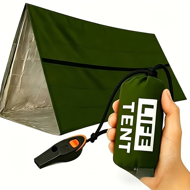 portable emergency survival tent   in the snow tubular fabric military green   style storage bag with whistle and paracord suitable for camping hiking outdoor activities and vehicle equipment