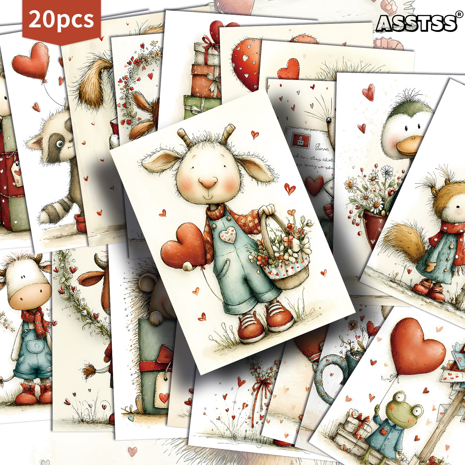 E-shop 20er-Pack ASSTSS Retro Niedliche Tier- & Valentinstagskarten - Vintage Junk Journal Papier Geeignet für Scrapbooking, Basteln, Sammelbare