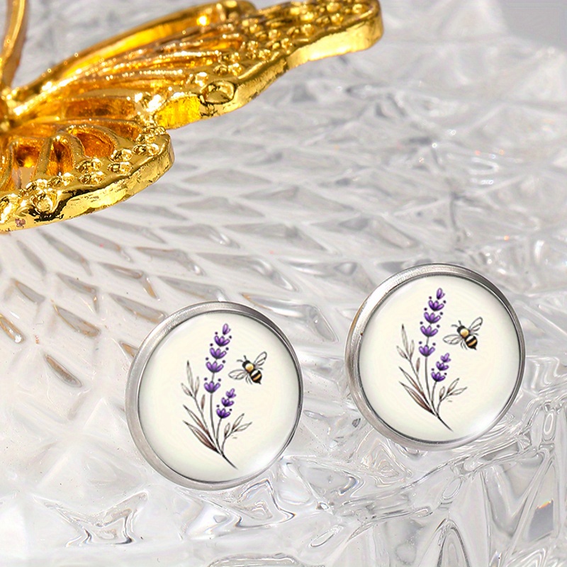 TEMU Pendientes de vidrio para hombre con ilustración de abejas y lavanda de moda, regalo de joyería, sin batería