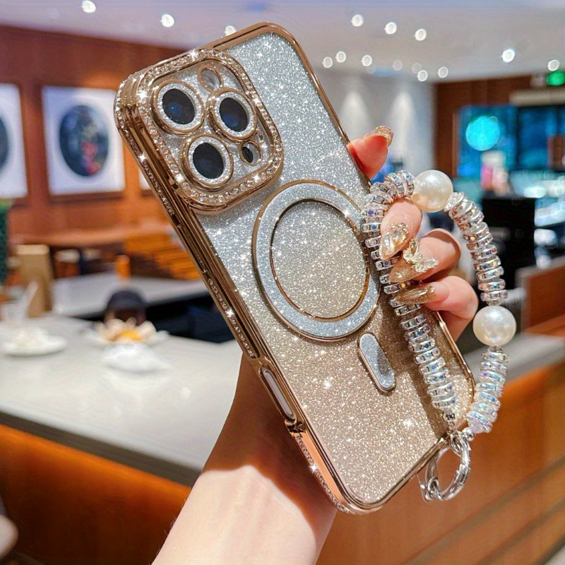 TEMU Phone Case: Premium Electroplated Gradient Glitter Magnetic Ring   Pearl Bracelet Full-body Anti-drop Protective Case, Creative Design For 16 15