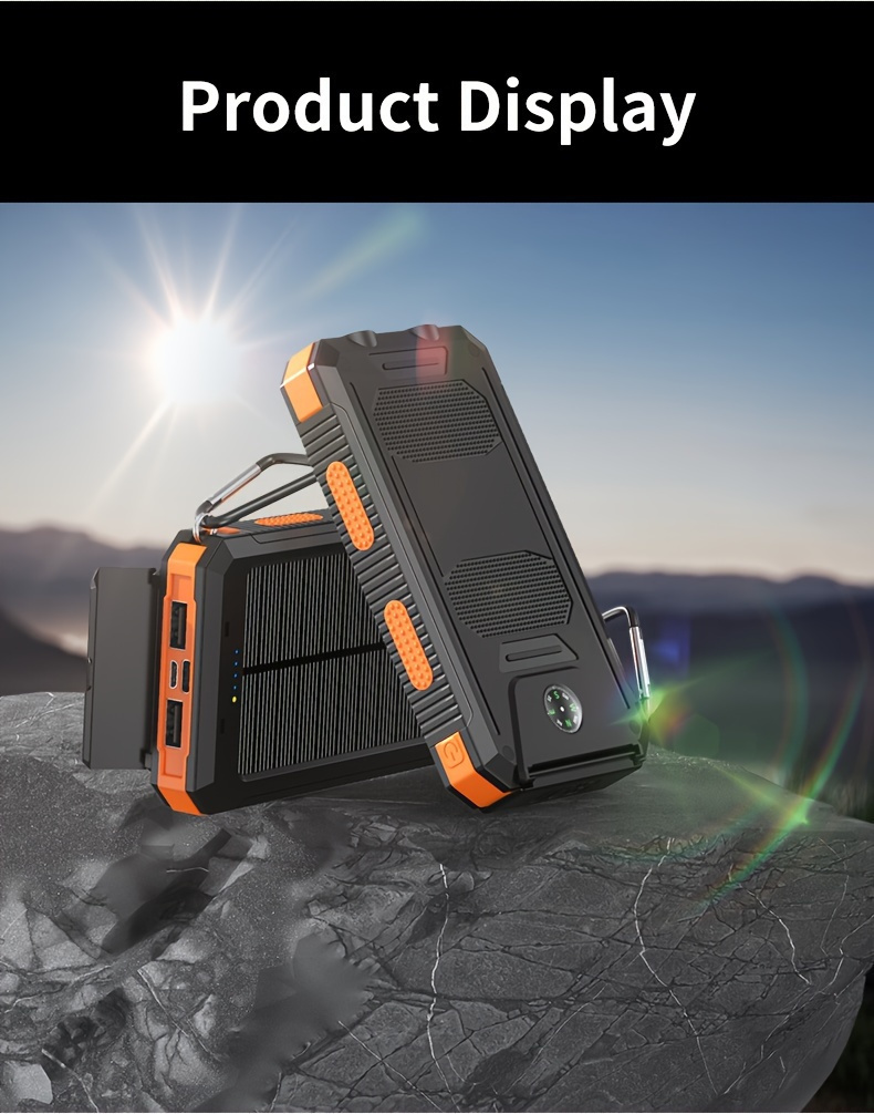 20000mAh Portable Solar Power Bank, Portable Solar Mobile Phone Charger, Camping External Battery Charger for Mobile Phones, for iPhone,, Android Portable Charger, 2 USB/ LED Flashlights with Compass for Outdoor Activities