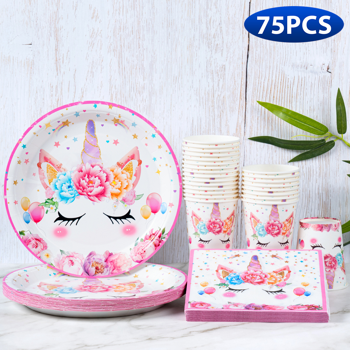 Image of 75pcs Disposable Party Tableware Set, Floral Unicorn Design, 25pcs 9-inch Plates + Cups + Napkins, Serves 25 Guests, Disposable Paper Plates For Birthday, Wedding, Party, Holiday And Decorations