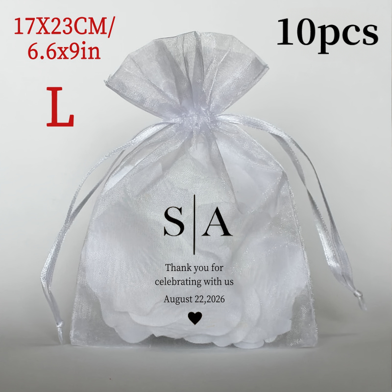TEMU 10pcs Set Personalized Initial Lace Gift Bags, Customizable Name Date Letter Combination Wedding Favors, Drawstring Sheer Pouches, Suitable For