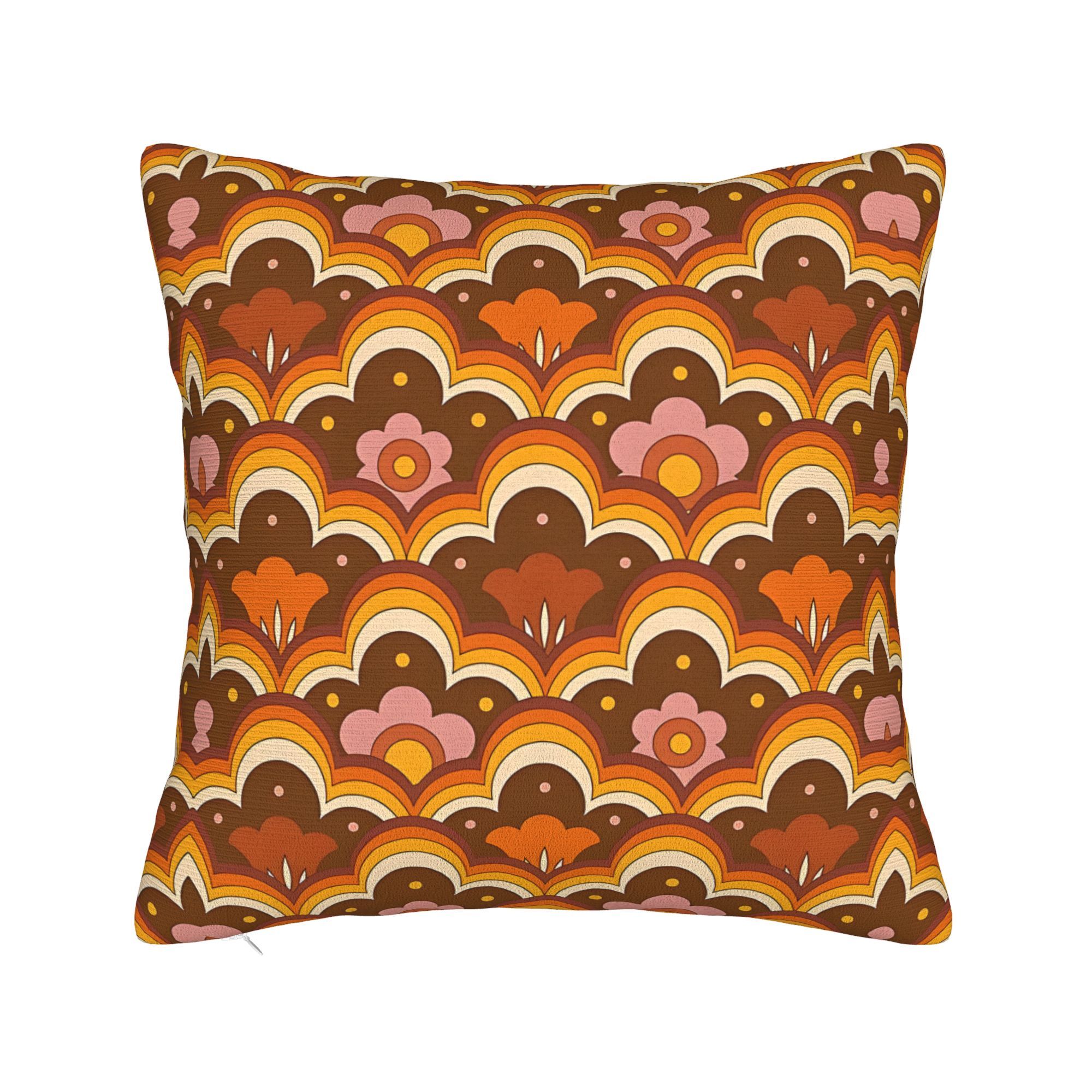 

1pc Vibrant 70s & 60s Retro Cover - Orange, Brown & Pink Floral Pattern, Zipper Closure, Machine Washable Polyester, Decorative Sofa Pillowcase (no Insert)