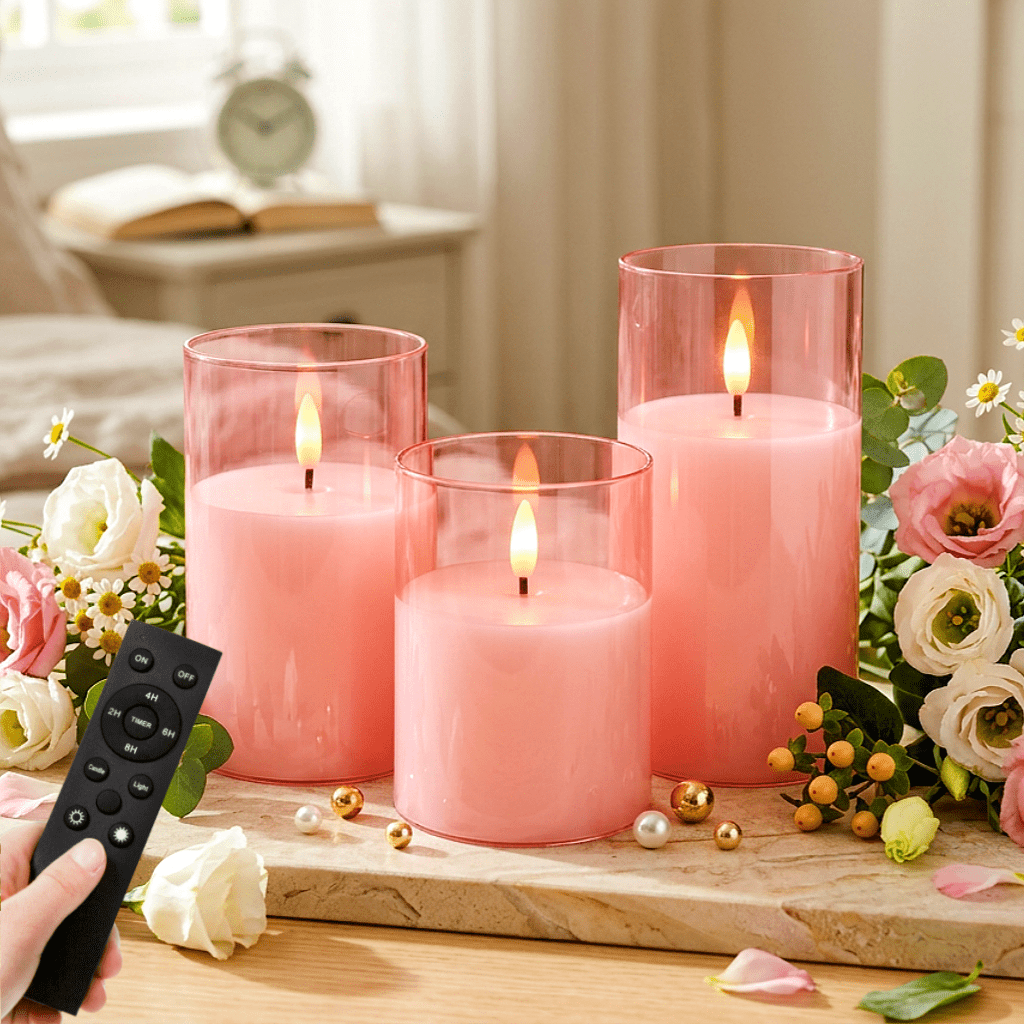 TEMU 3pcs Pink Flameless Candle Set With Remote Control And Timer (batteries Not Included), A Magical Tool For A Romantic Atmosphere For Valentine's