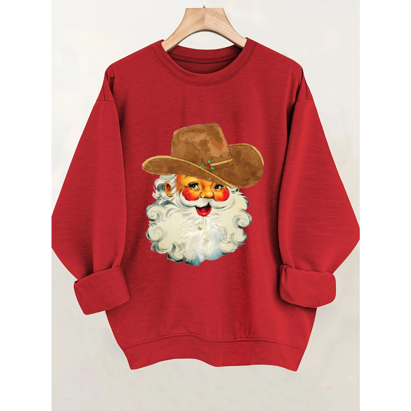 

Women's Christmas Cowboy Print Red Sweatshirt - Casual Crew Neck, Stretchy Polyester , Machine Washable