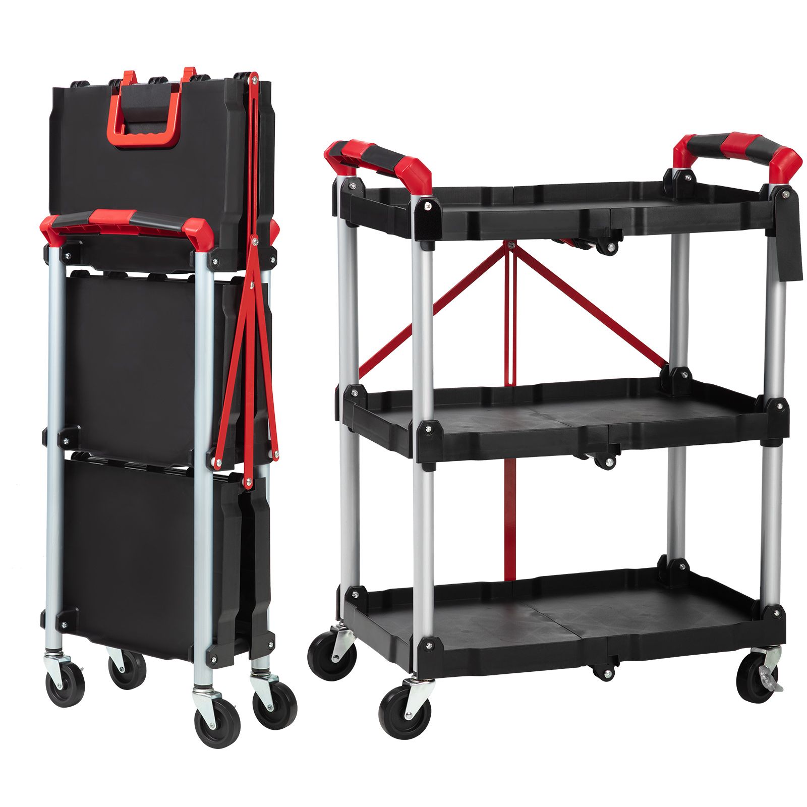 Image of 3-level Collapsible Utility Cart (model Fsc01) | Sturdy Mobile Trolley With Locking Wheels For Kitchen, Office, And Garage Organization
