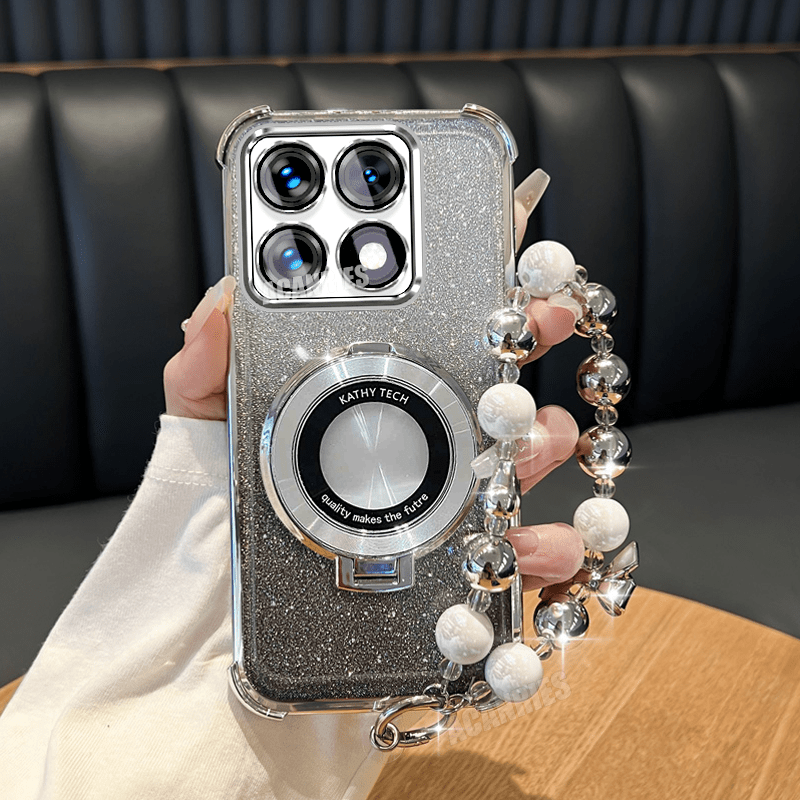 TEMU Phone Case - For Xiaomi 14t Ring Folding Stand Holder Featuring A Plated Bead Lanyard Chain And A Luxurious Glitter Shockproof Tpu Case Designed