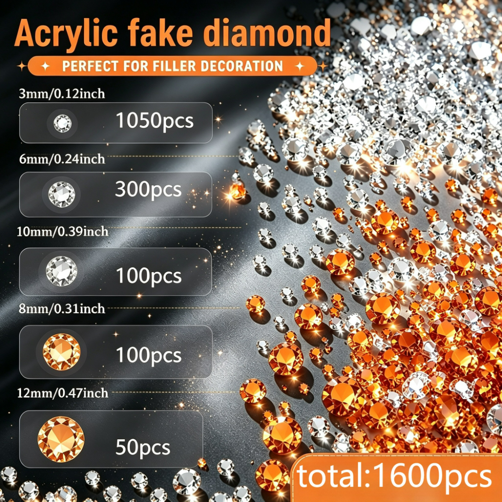 TEMU 1600pcs Mixed Size Acrylic Fake Diamond Vase Fillers, Clear And Orange Artificial Gemstones Table Crystals For Wedding, Birthday, Bridal Shower,