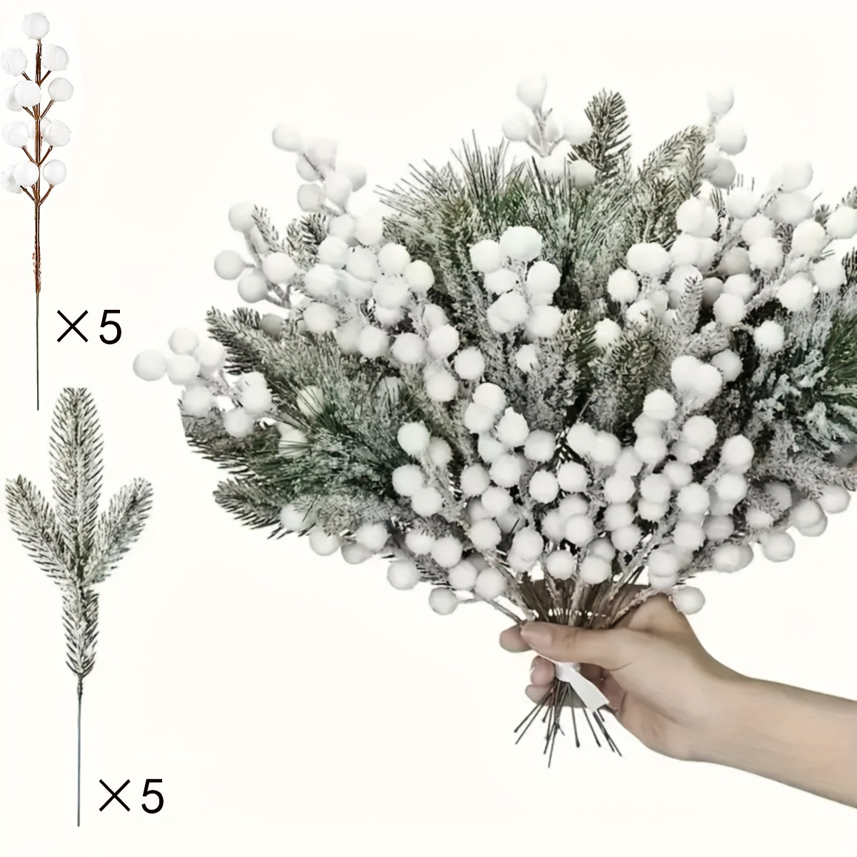 TEMU 10pcs Set Of Artificial White Berry Pine Branches, Christmas Decoration Artificial Flowers, Diy Christmas Tree Wreath Branch Accessories,
