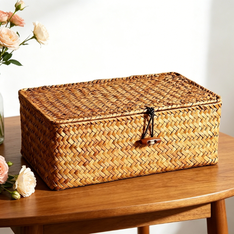 TEMU Plus Size For Home Storage Basket, Enlarged And Widened, 11.42 * 7.5 * 4.72 Inches, Vintage Hand Woven Storage Basket, Covered Storage Basket,
