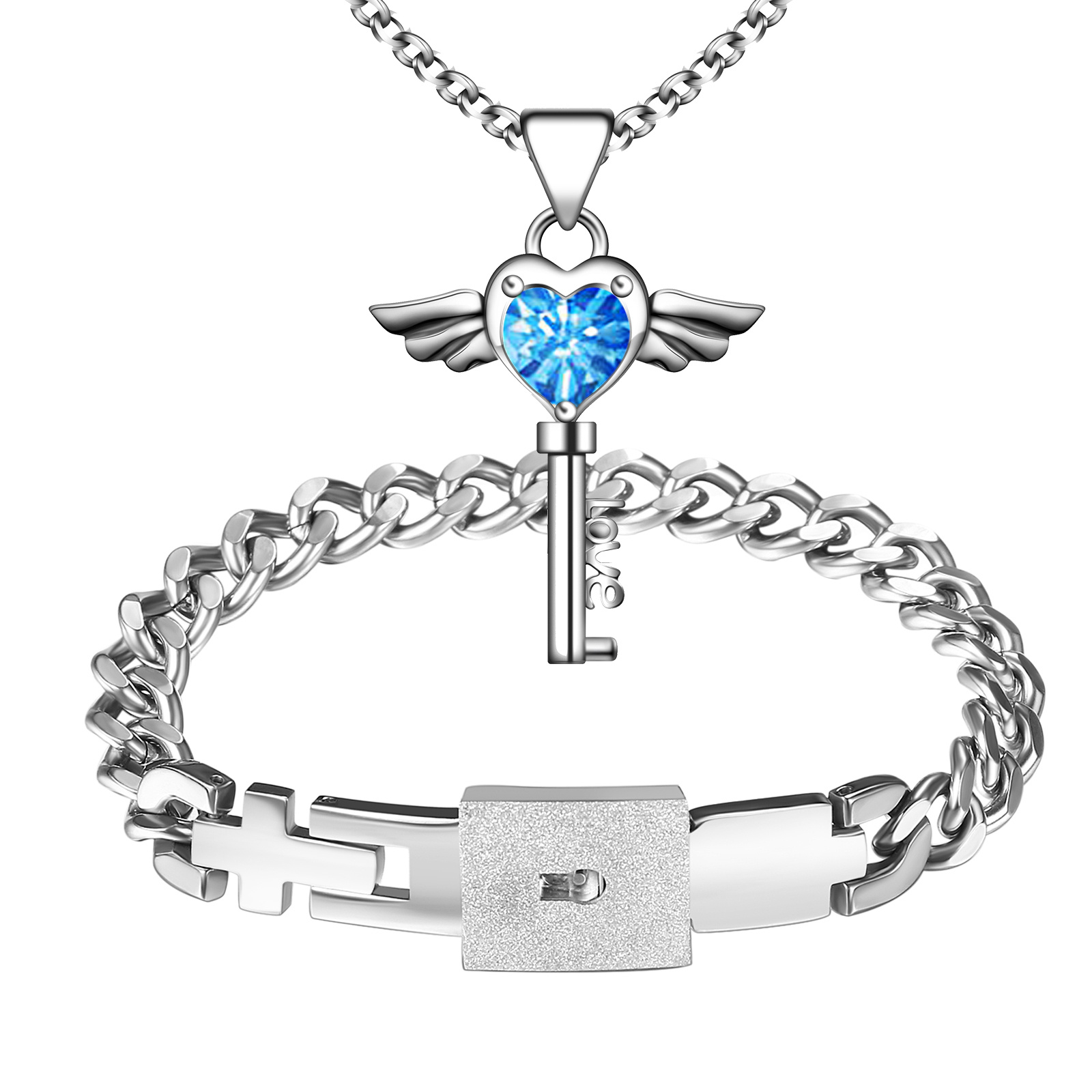 Image of Jewelry Set - Stainless Wings Key Necklace For Her & Adjustable Lock Bracelet For Him, Perfect For Valentine's Day Or Anniversary Gifts