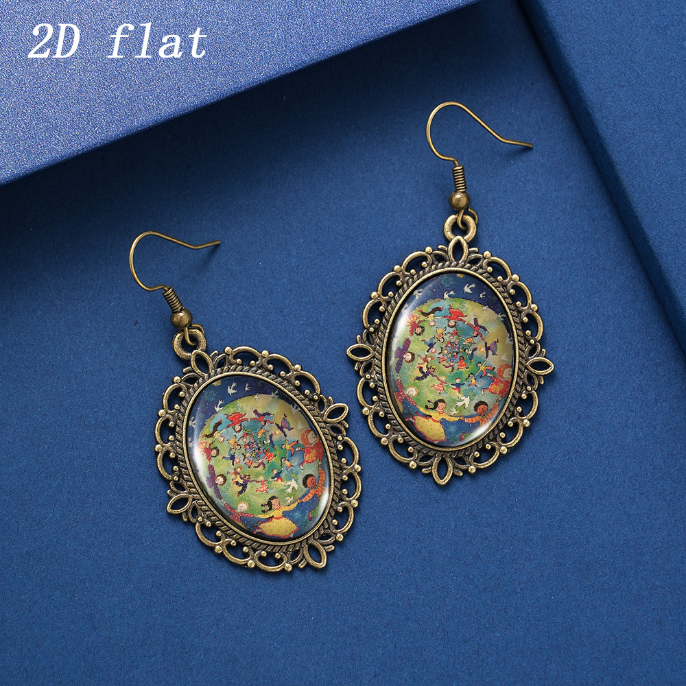 Oval Lace Framed Time Gem Glass Inlay Earrings, Ideal Gift