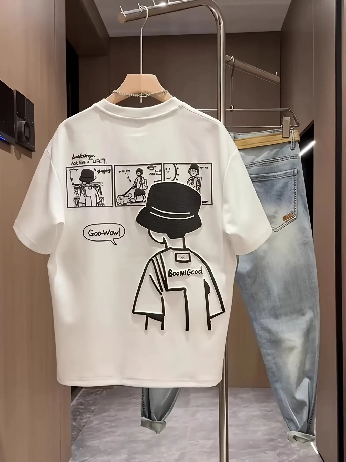 남성용 재미있는 직장 열전사 프린트 티셔츠 - 통기성 여름 상의, 사무실 및 캐주얼 착용에 적합 - 관리 쉬운 데일리 필수품, 카툰 일러스트 디자인, 편안한 소재, 반소매 스타일, 성인 남성 의류