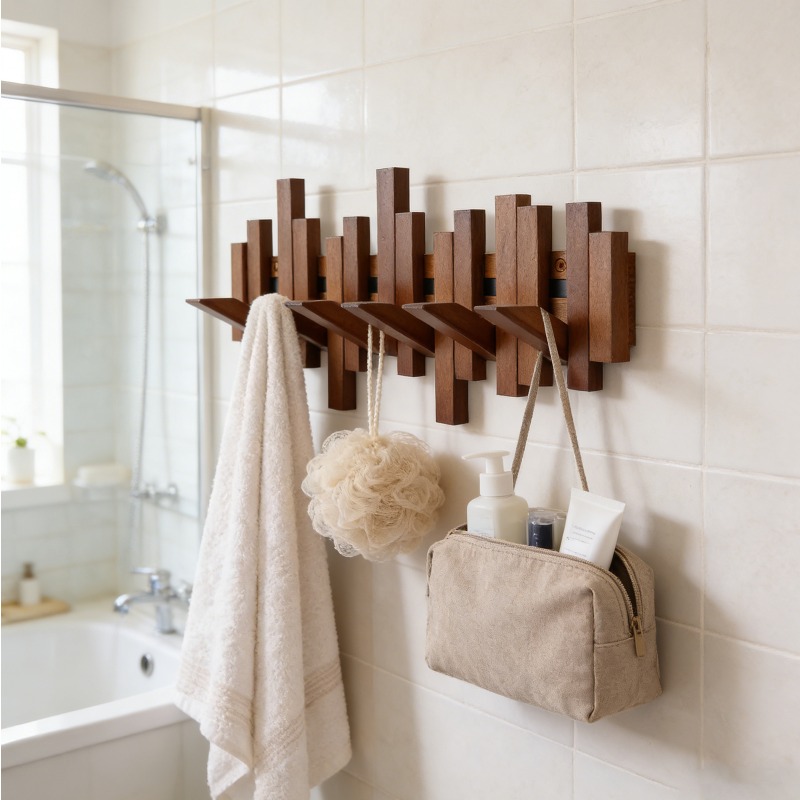 Image of Natural Wood Wall-mounted Flip-down Coat Rack With 6 Hooks - Space- Piano Key Shelf Suitable For Coats, Umbrellas, Keys, Robes, Wood Entryway For Hallway, Small Apartments, Modern Minimalist