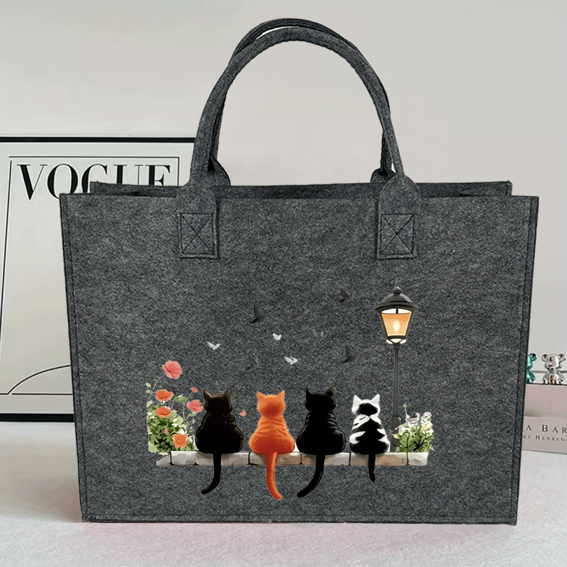 E-shop Große Damen Tragetasche aus Filz - Design mit vier Kätzchen, praktische Pendler-Handtasche, Einkaufstasche, stylische Reisetasche, leichte