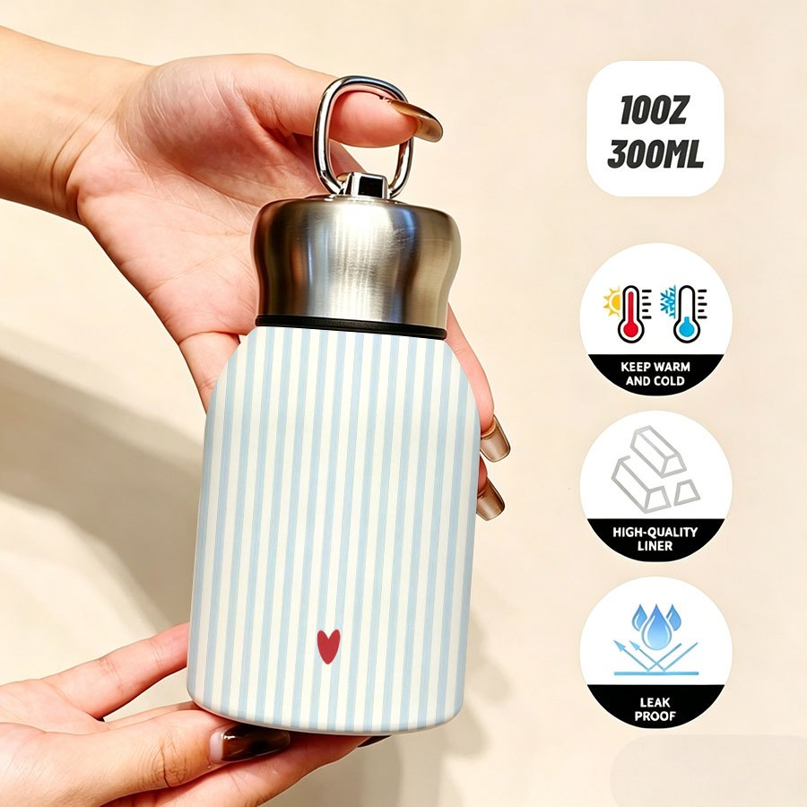 TEMU 1pc 2d Printed 10oz/300ml Capacity Mug Tumbler With Lid, Steel Insulated Water Bottle, Light Blue Vertical Stripes On Off-white Background, With
