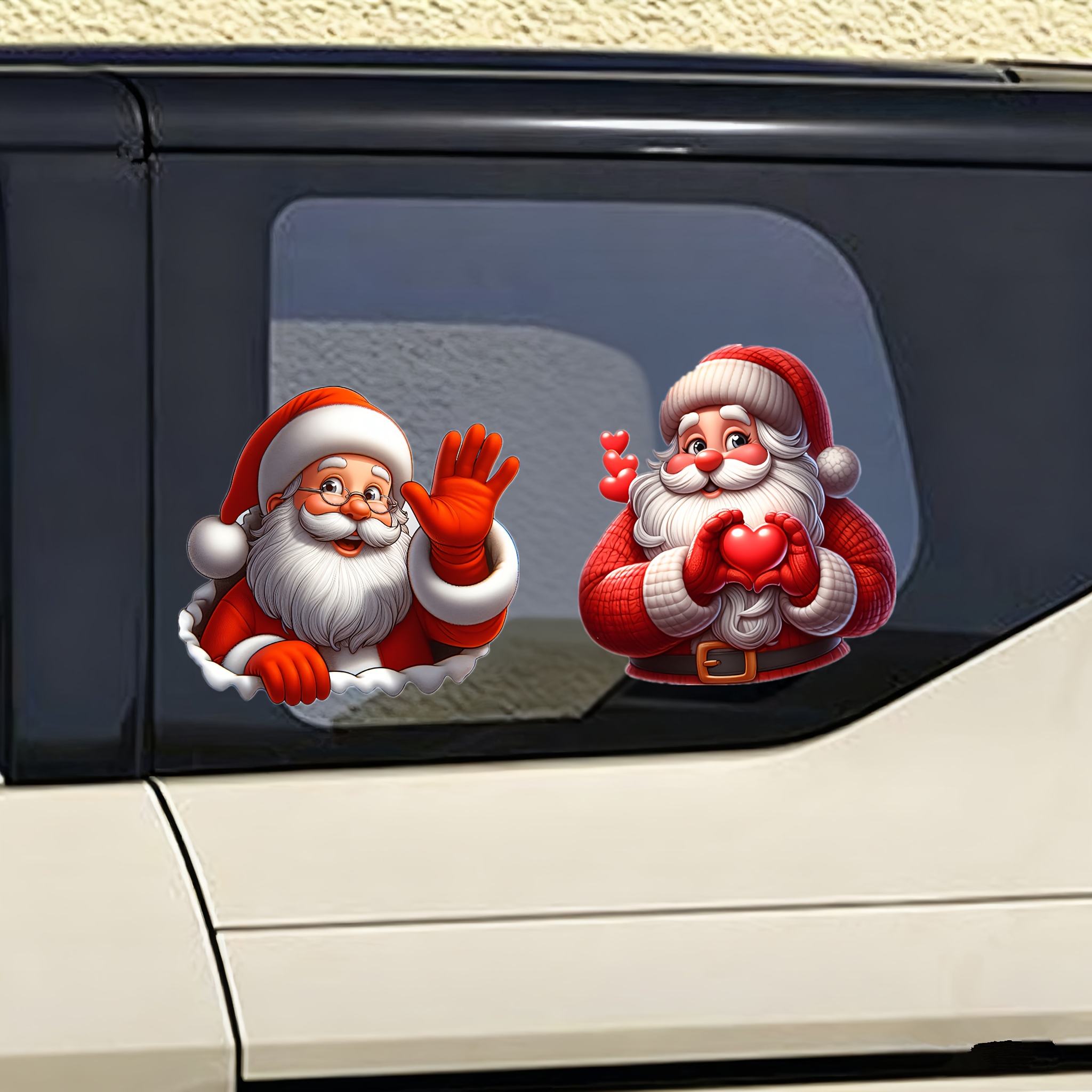 TEMU 2pcs Of Cartoon Santa Claus Waving And Making A Heart Gesture Car Stickers For Decorating Car Windows, , Walls For Christmas Holiday Parties And