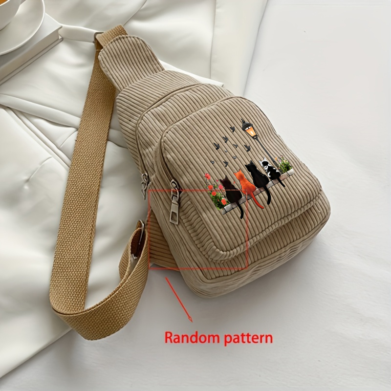 E-shop Damen Corduroy Brusttasche, Drei Farben erhältlich, Katzen- Straßenlaternen-Druck, Umhängetasche, Unverzichtbar für tägliche Ausflüge, Einkaufen
