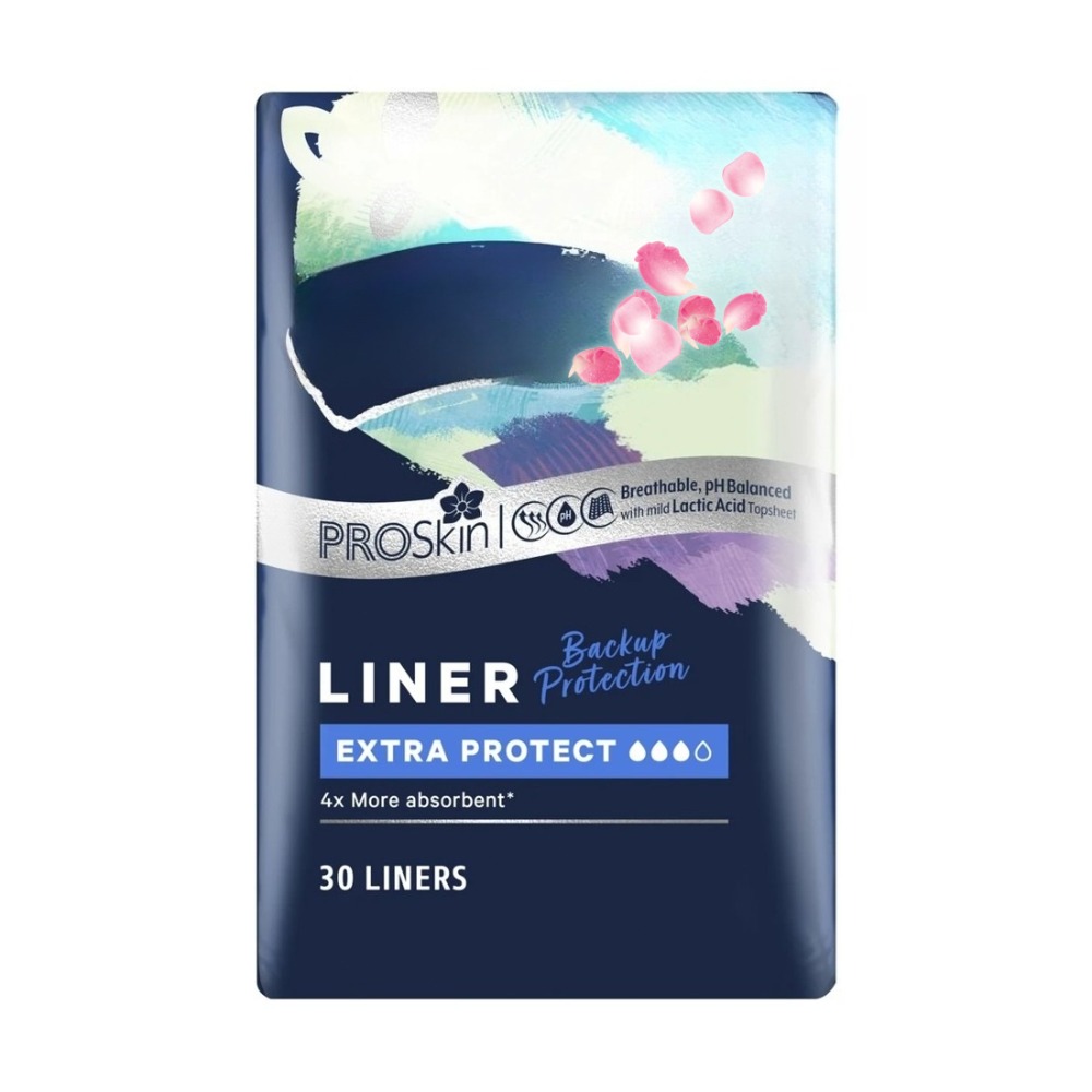 30 Pack ProSkin Extra Protect Liners | Breathable, pH Balanced with Mild Lactic Acid Top Sheet, 4x More Absorbent, Anti-Bunching, Odour Control Technology, BodyFit Design, Everyday Protection