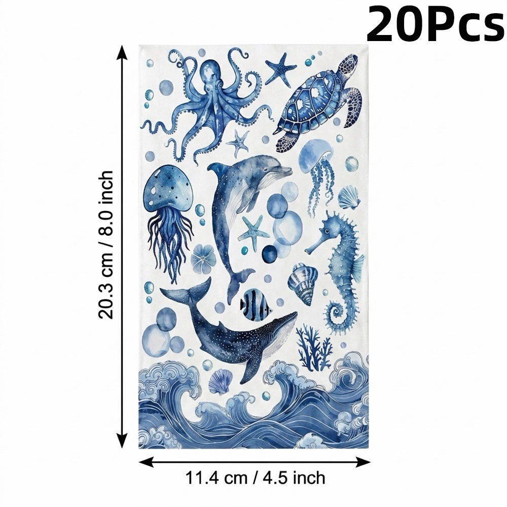 TEMU 20pcs Watercolor Ocean Sea Creatures Paper Napkins, Blue Marine Animal Printed Disposable Napkins, Nautical Themed Decor Napkins For Under The