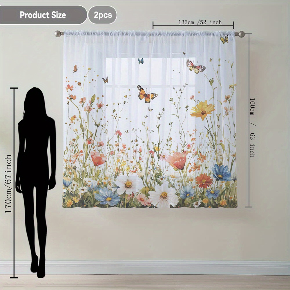 TEMU 2pcs Colorful Floral Printed Home Decor Sheer Curtains, With Rod Pocket, Flowing Sheer Drapes Suitable For Kitchen, Café, Living Room, Balcony,
